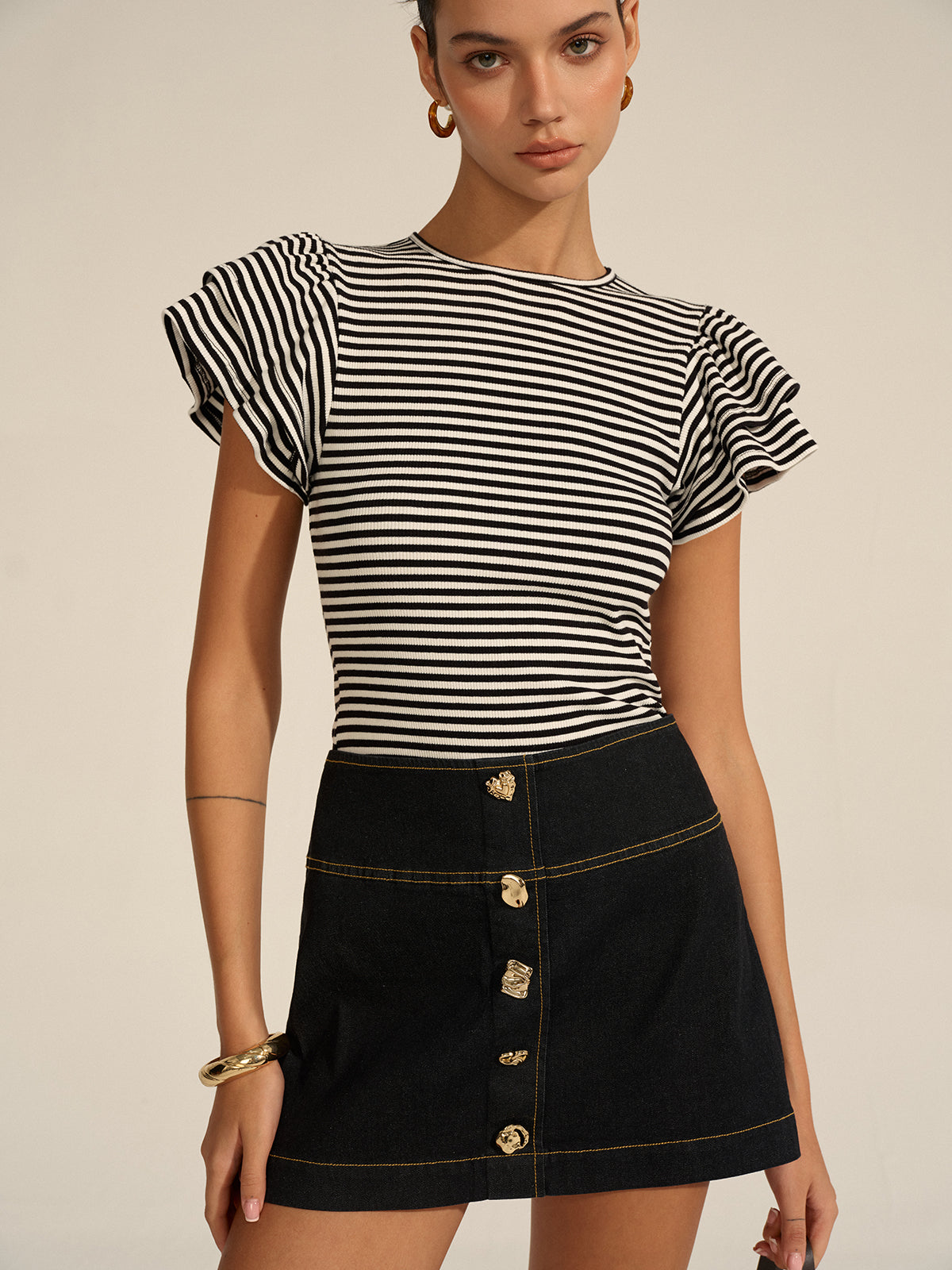 Striped Ribbed Top Women's Long Sleeve Fitted
