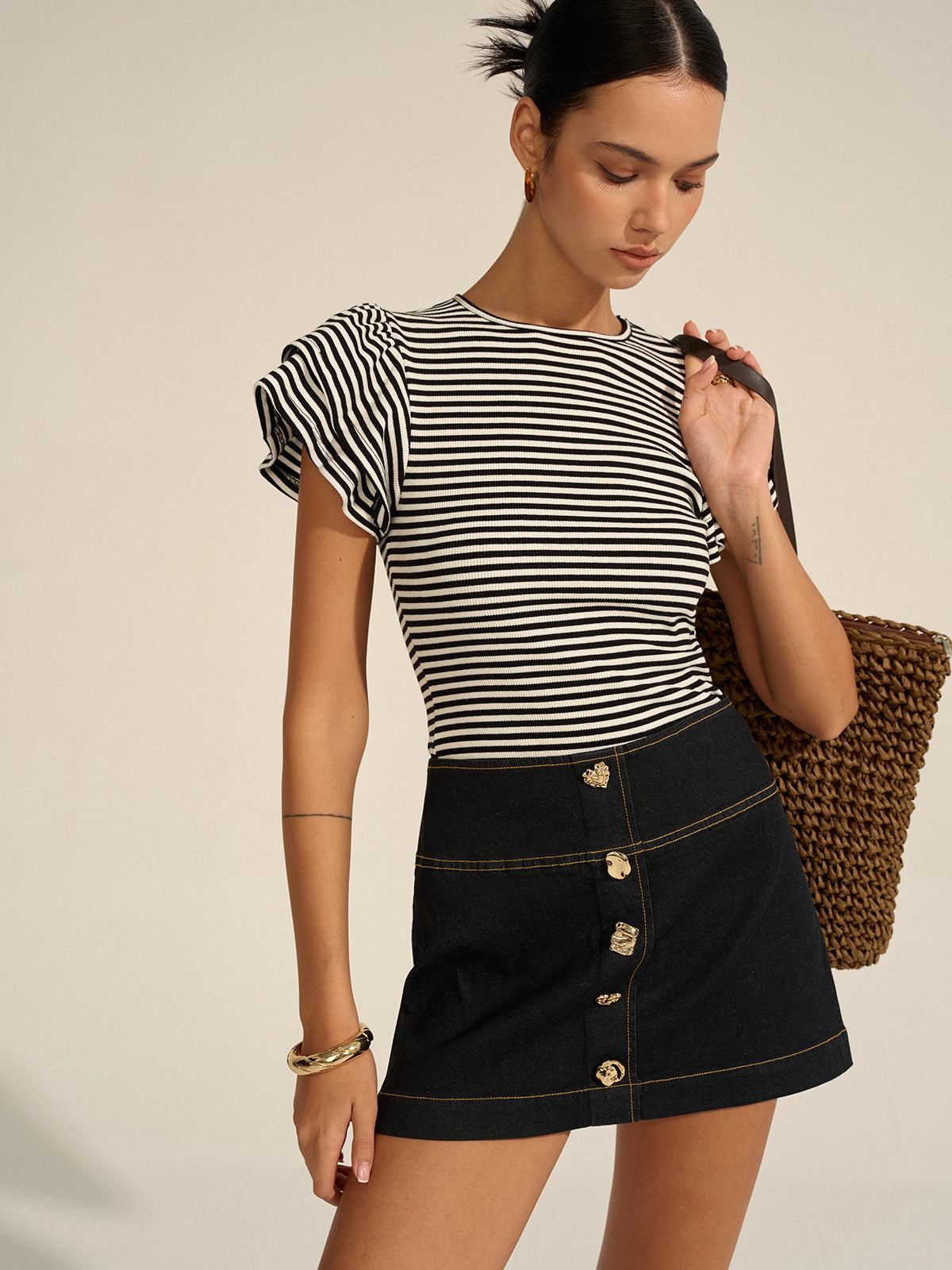 Striped Ribbed Top Women's Long Sleeve Fitted
