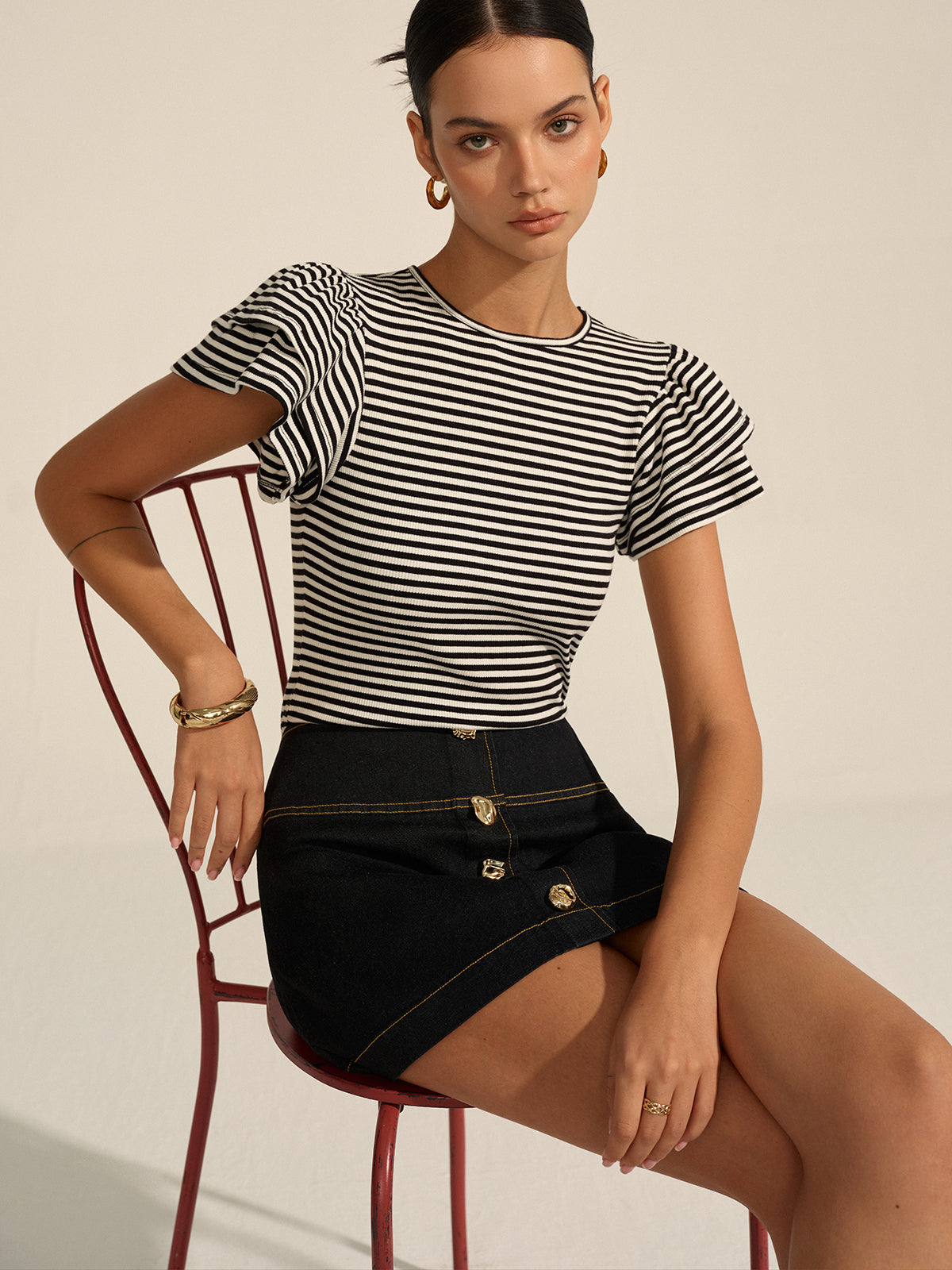 Striped Ribbed Top Women's Long Sleeve Fitted