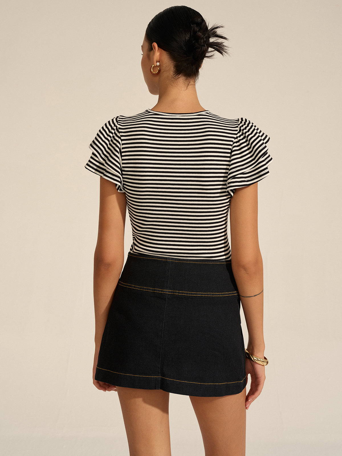 Striped Ribbed Top Women's Long Sleeve Fitted