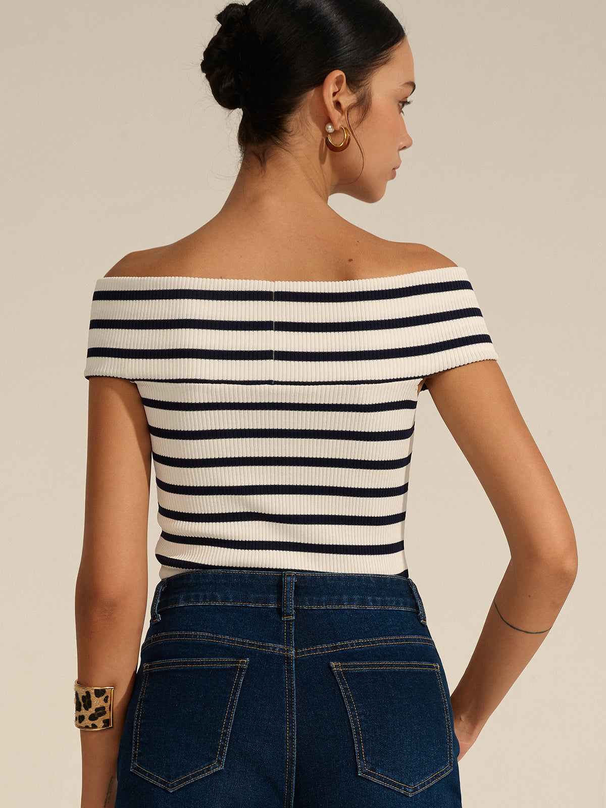 Striped Off-Shoulder Cross Knit Top for Women Casual Wear