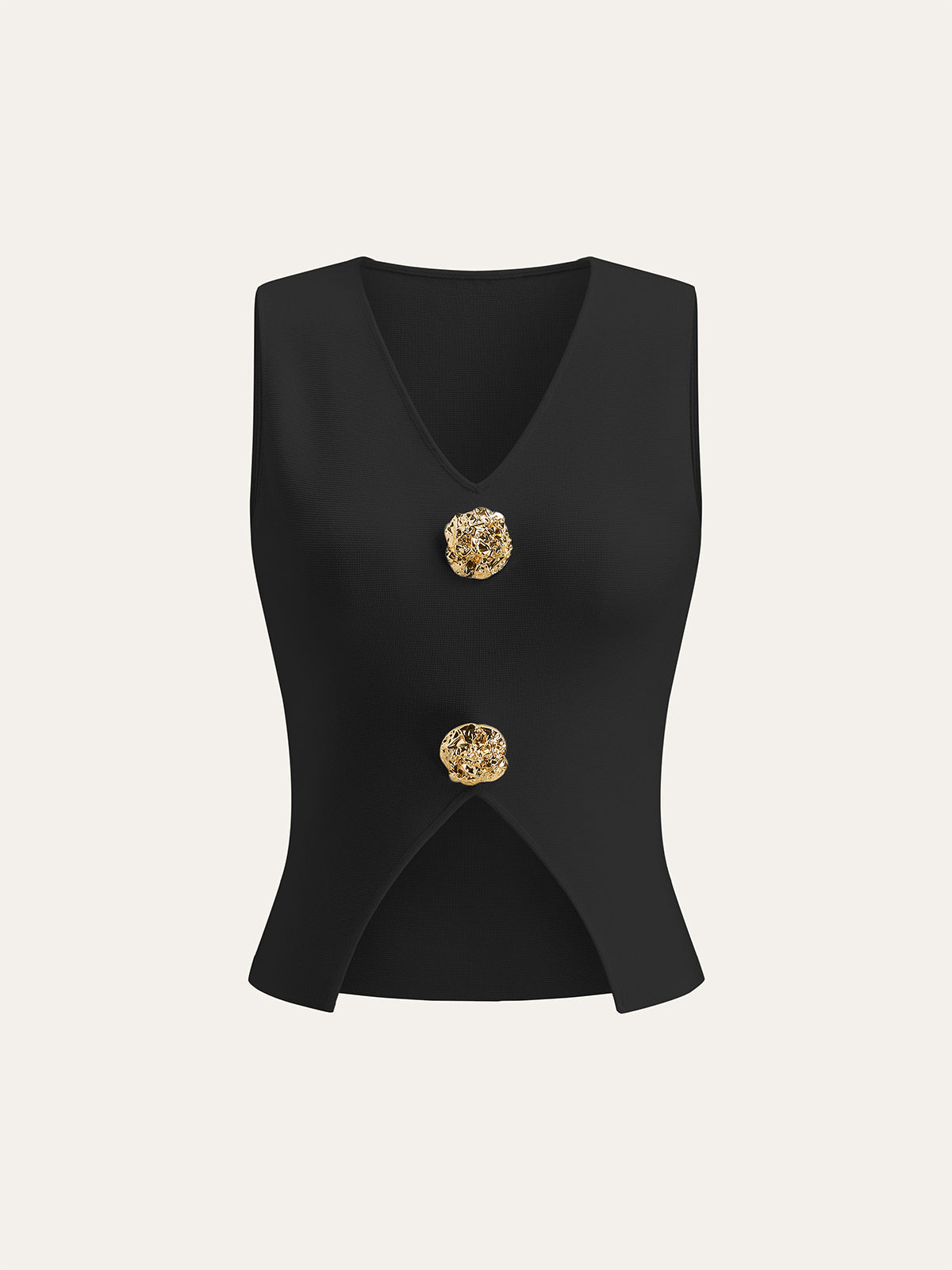 Metal Detail V-Neck Split Sweater Vest Casual Layering Fashion Top