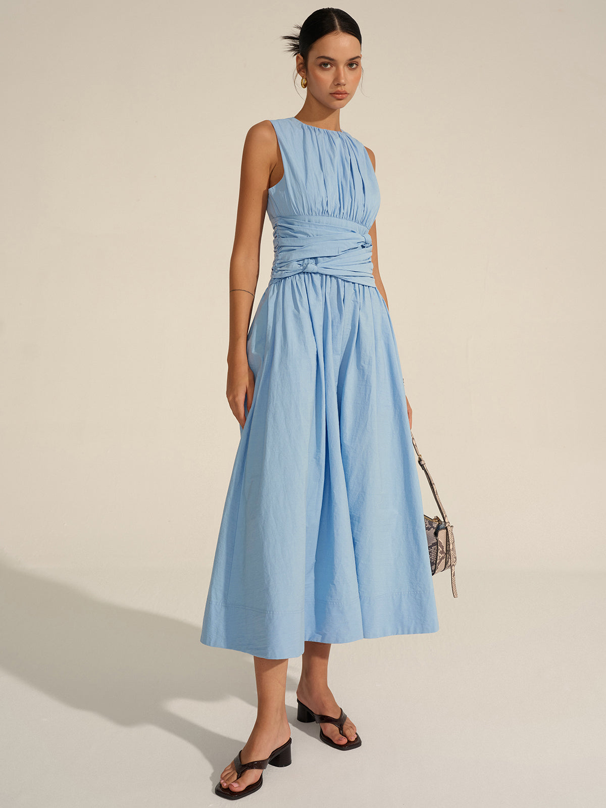 Ruched Waist Maxi Dress with Flutter Sleeves and V-Neck