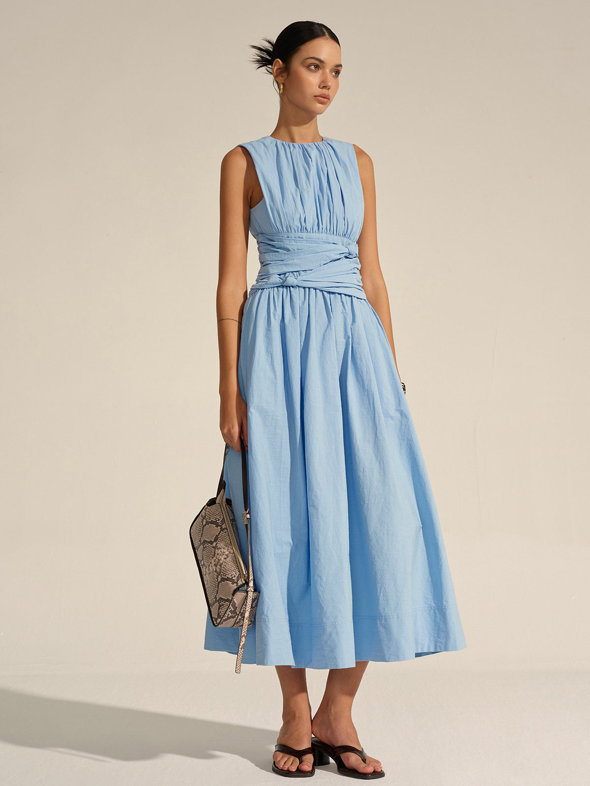 Ruched Waist Maxi Dress with Flutter Sleeves and V-Neck