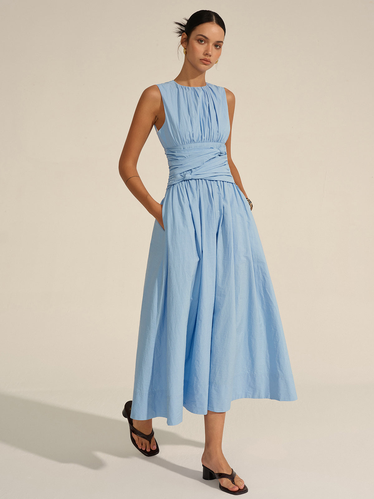 Ruched Waist Maxi Dress with Flutter Sleeves and V-Neck