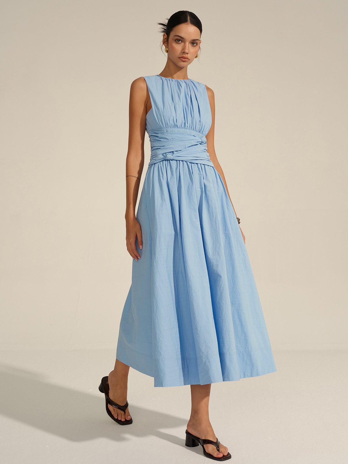 Ruched Waist Maxi Dress with Flutter Sleeves and V-Neck