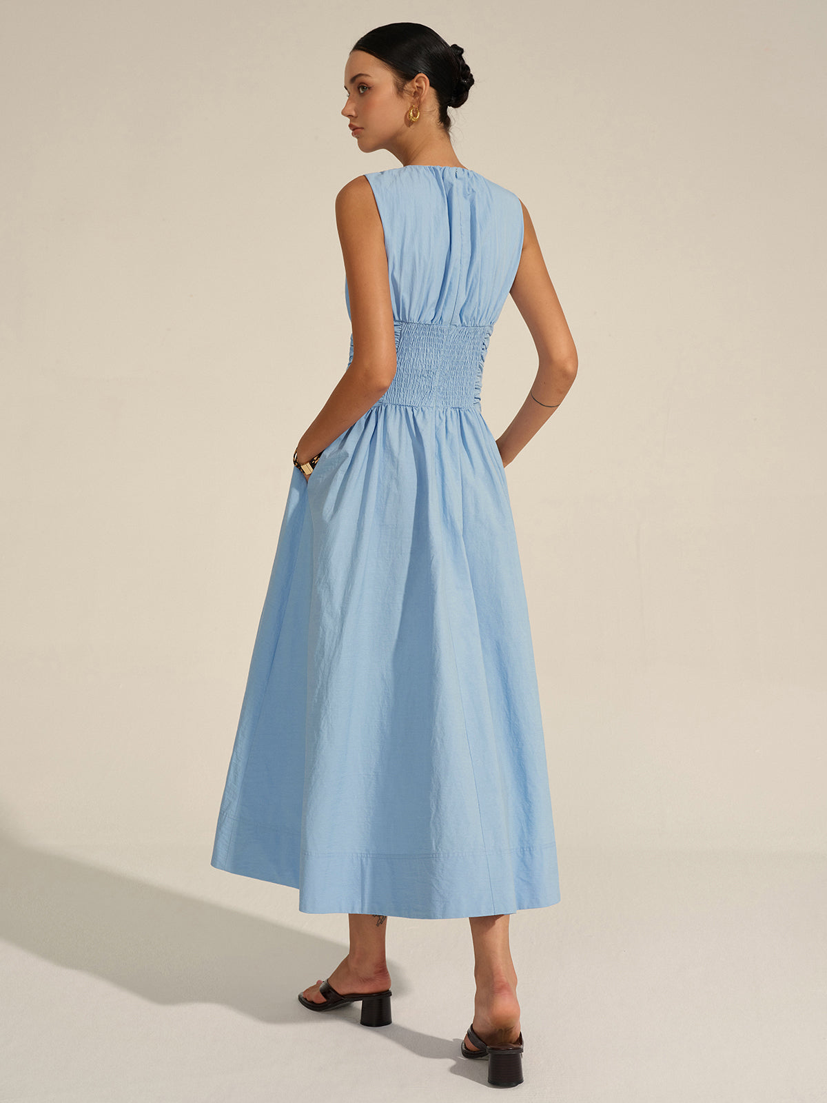 Ruched Waist Maxi Dress with Flutter Sleeves and V-Neck