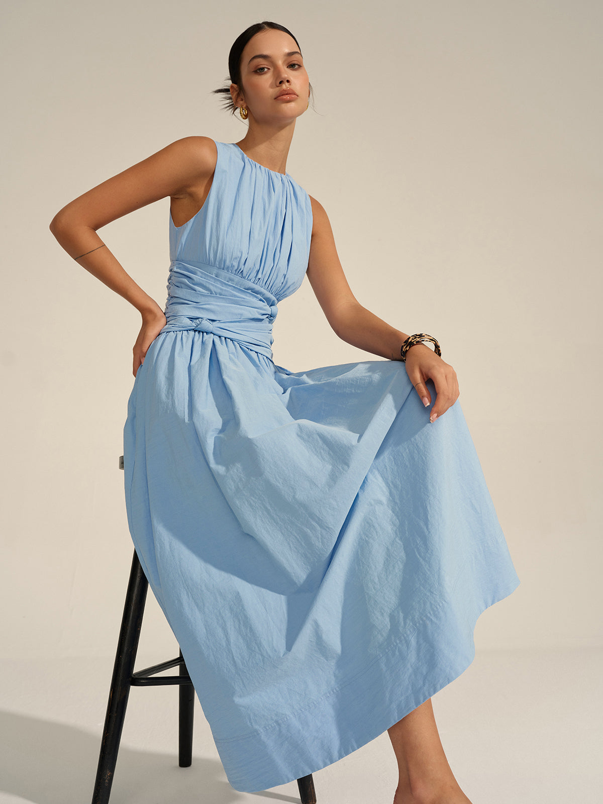 Ruched Waist Maxi Dress with Flutter Sleeves and V-Neck