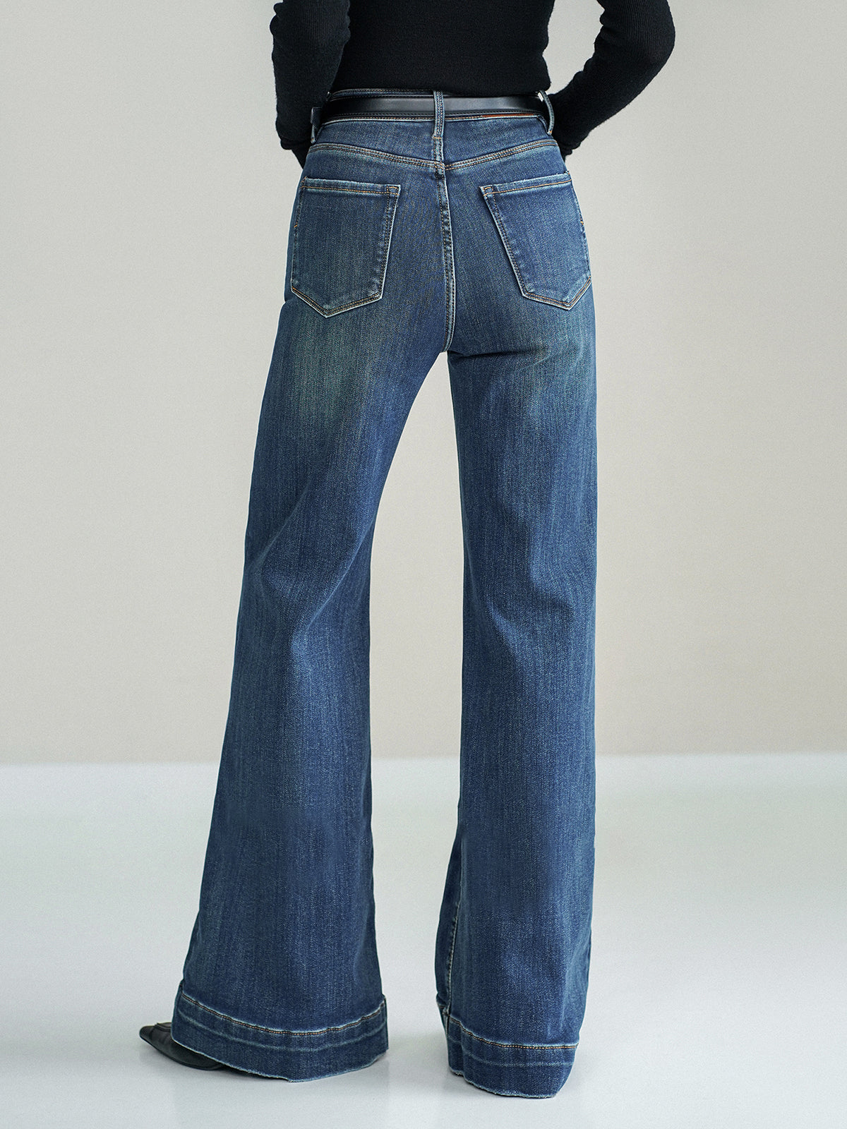 Mid-Waist Bootcut Denim Jeans Without Belt for Women, Casual Flare Pants