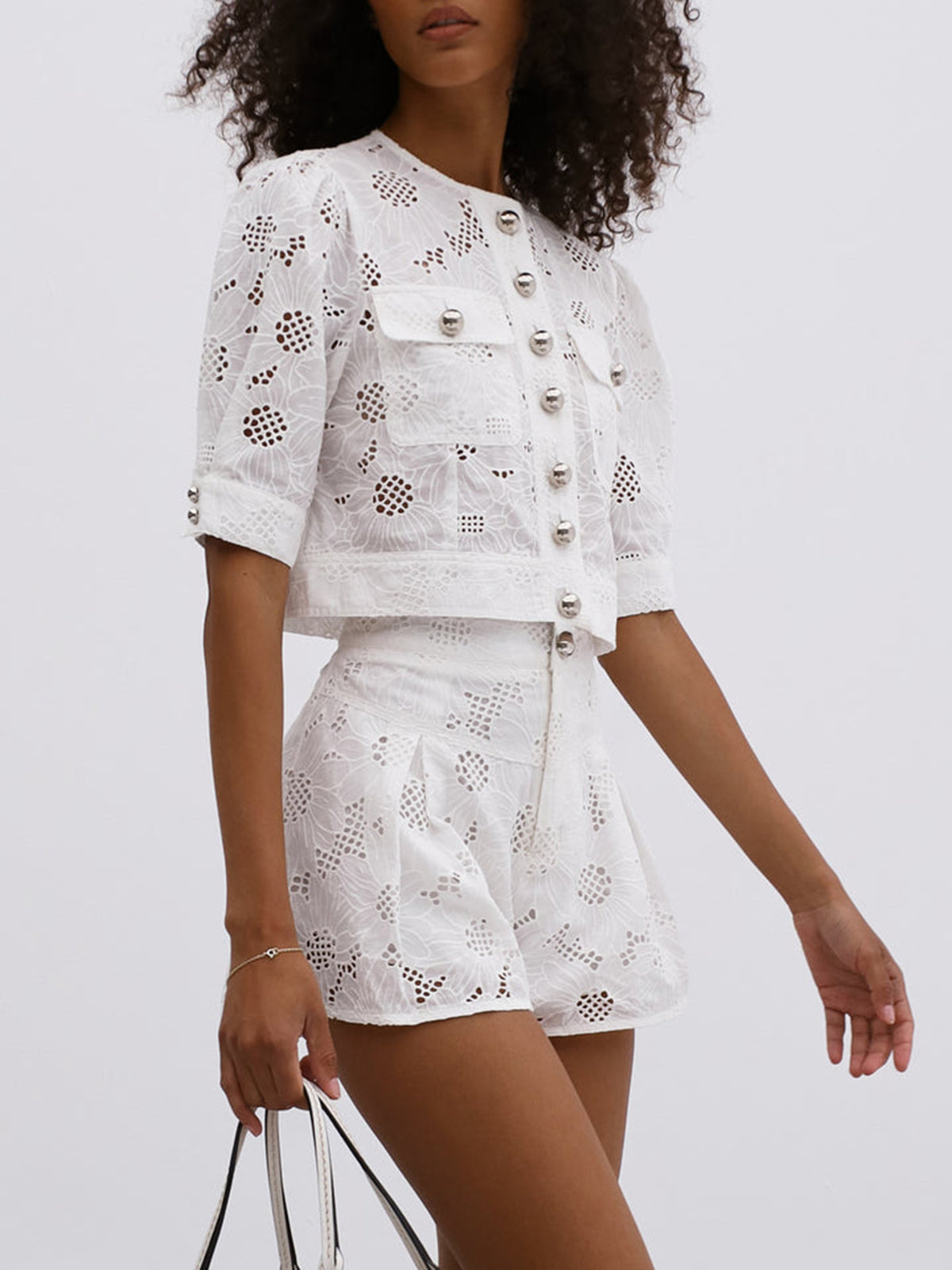 Multi-Button Embroidery Shorts Set with Elastic Waistband