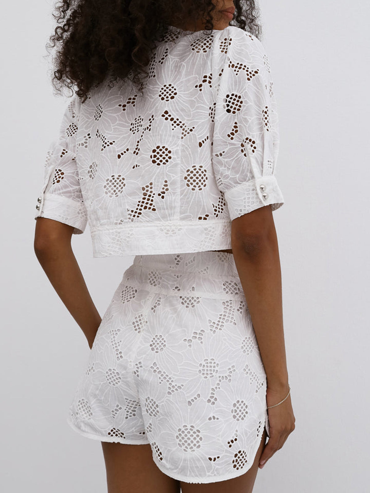 Multi-Button Embroidery Shorts Set with Elastic Waistband