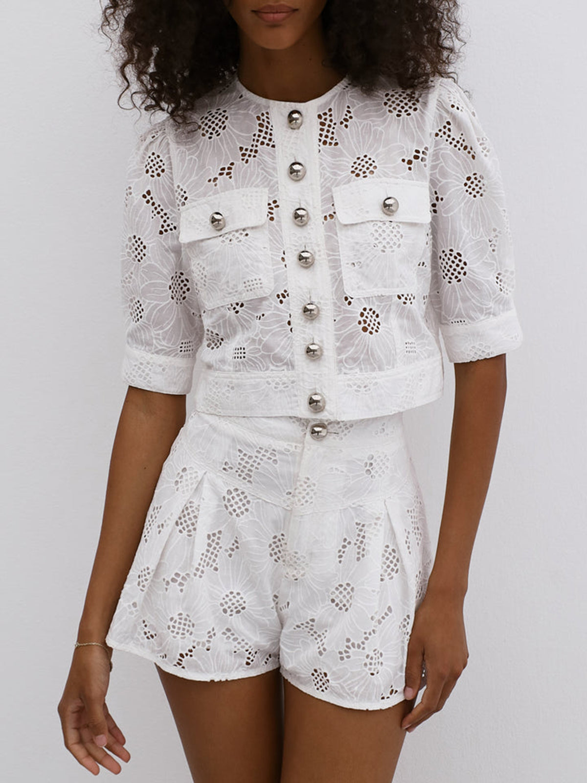 Multi-Button Embroidery Shorts Set with Elastic Waistband