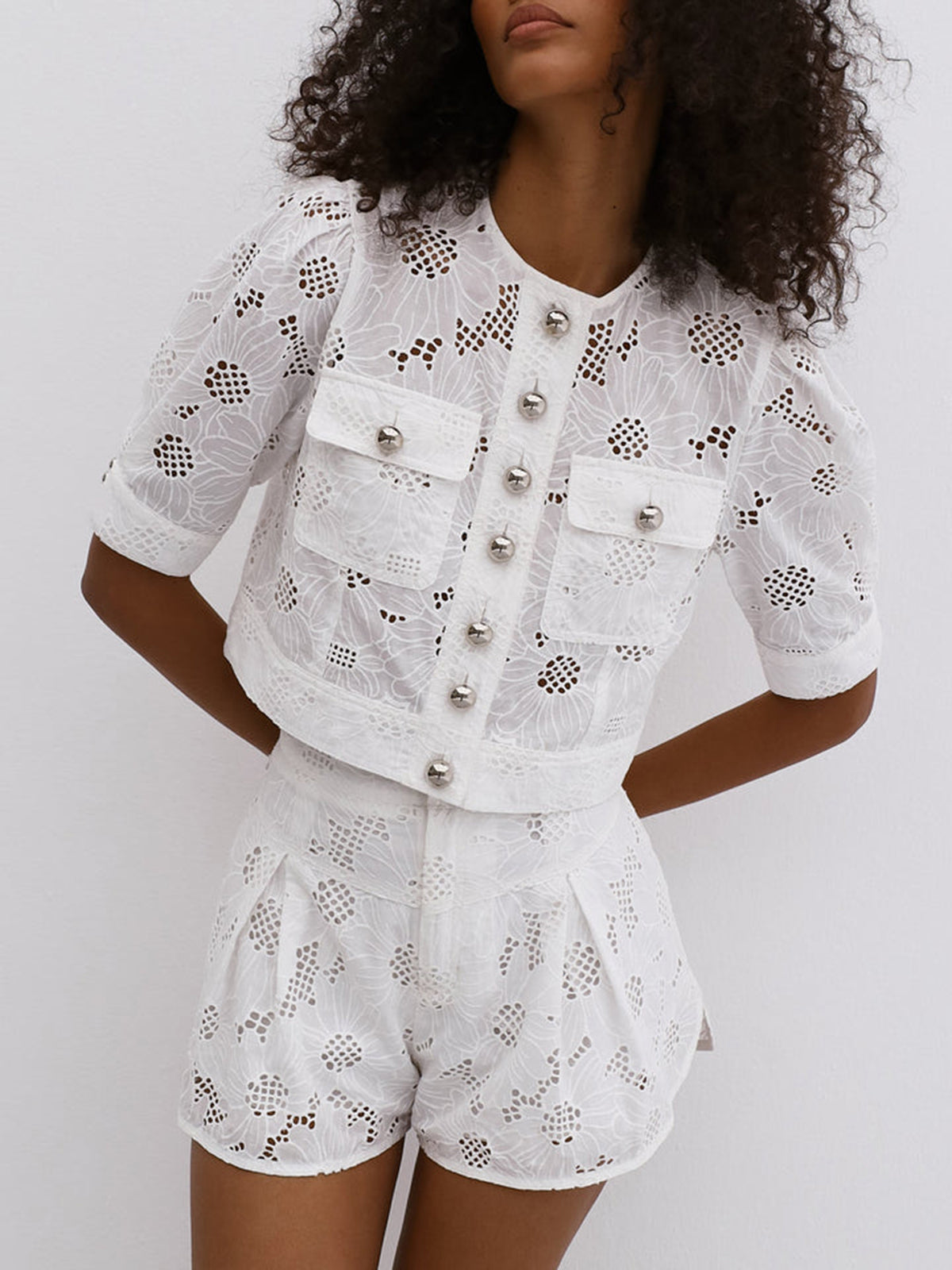 Multi-Button Embroidery Shorts Set with Elastic Waistband