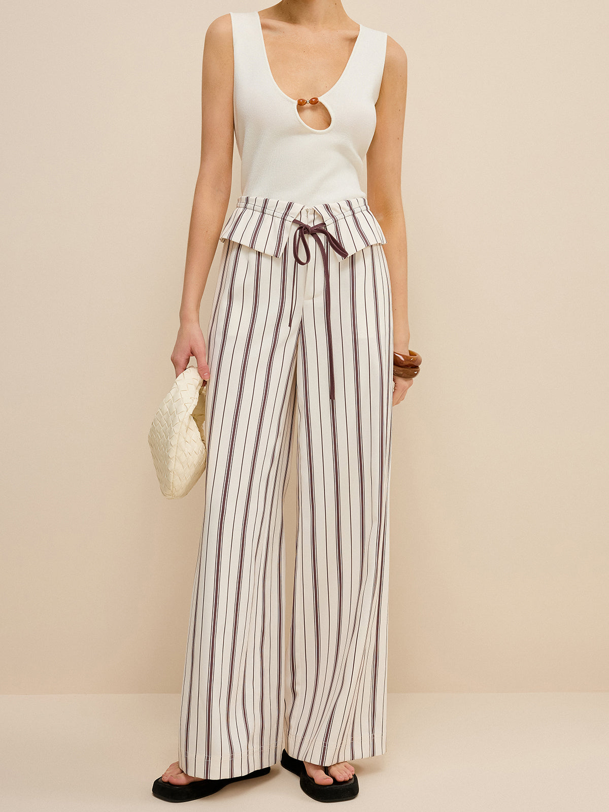 Striped Wide-Leg Pants with Peplum Waist and High Waistband