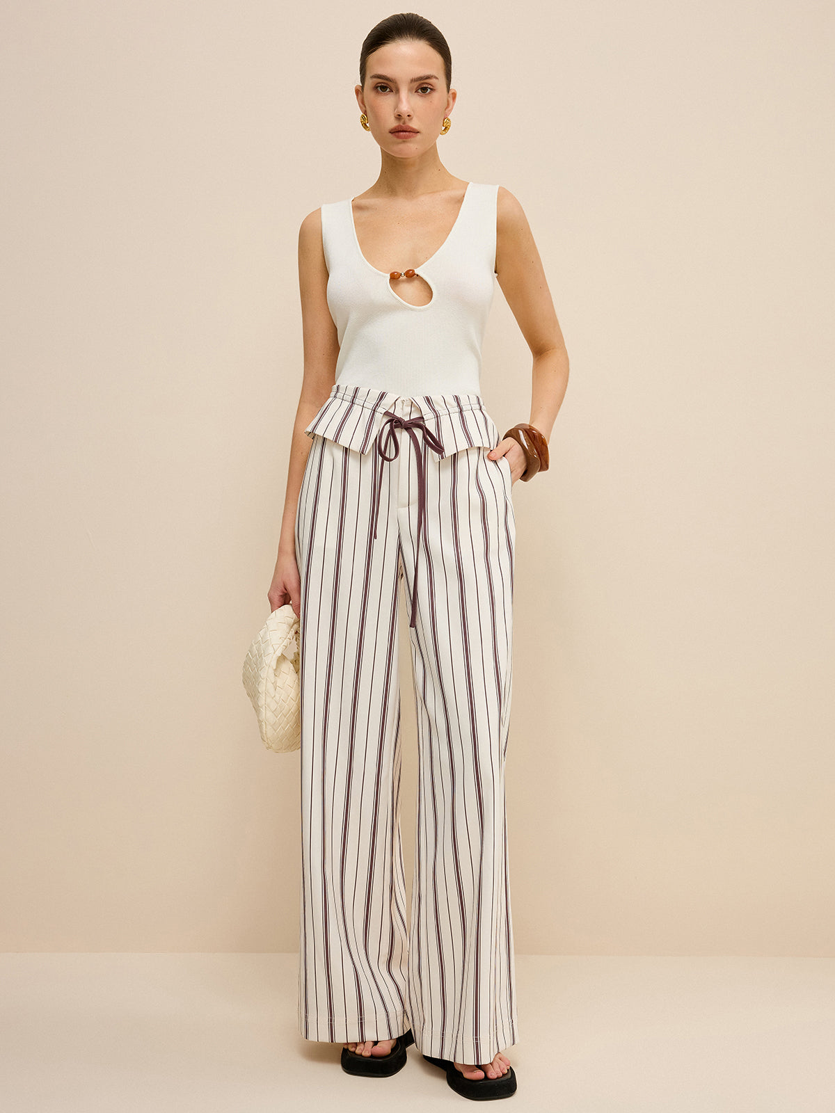Striped Wide-Leg Pants with Peplum Waist and High Waistband