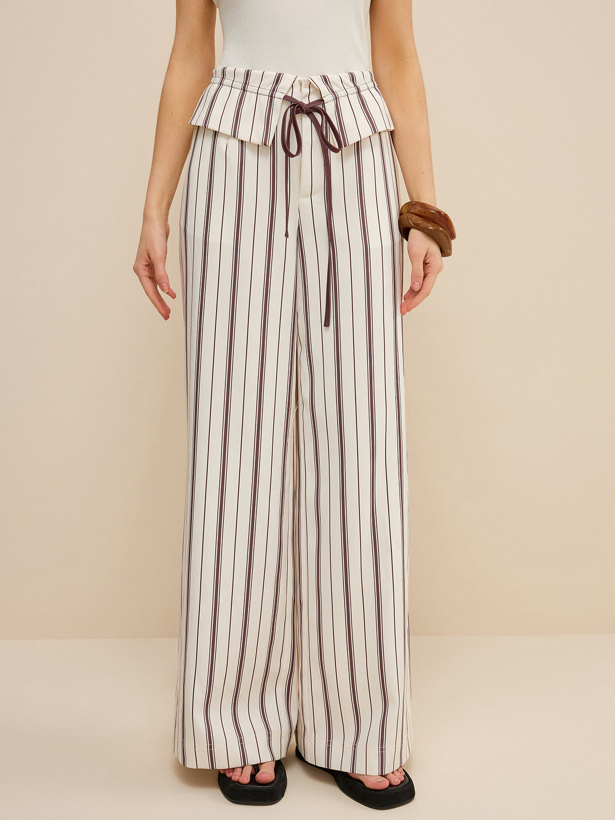 Striped Wide-Leg Pants with Peplum Waist and High Waistband