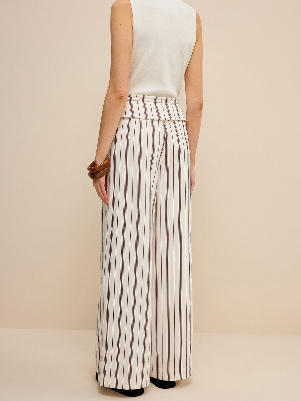 Striped Wide-Leg Pants with Peplum Waist and High Waistband
