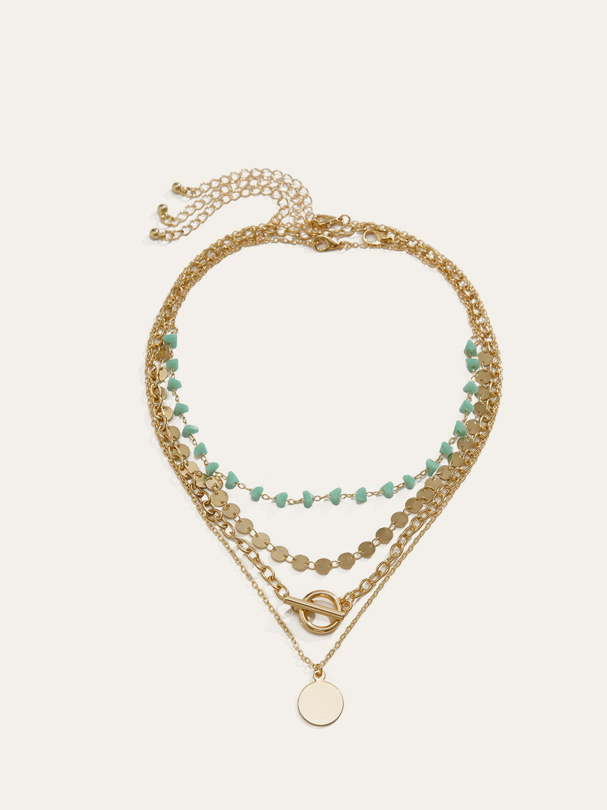 Layered Gold-Chain Necklace with Turquoise Beads and Circular Pendant, Fashion Accessory for Women