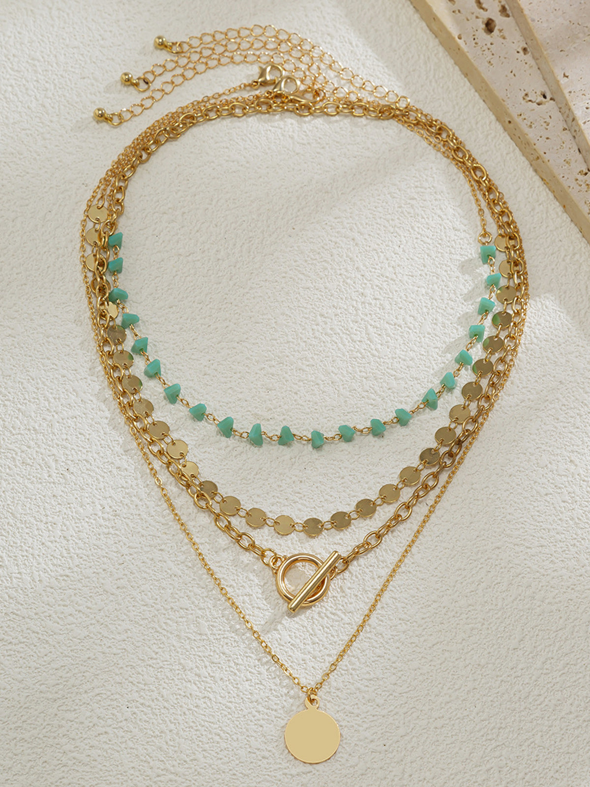 Layered Gold-Chain Necklace with Turquoise Beads and Circular Pendant, Fashion Accessory for Women