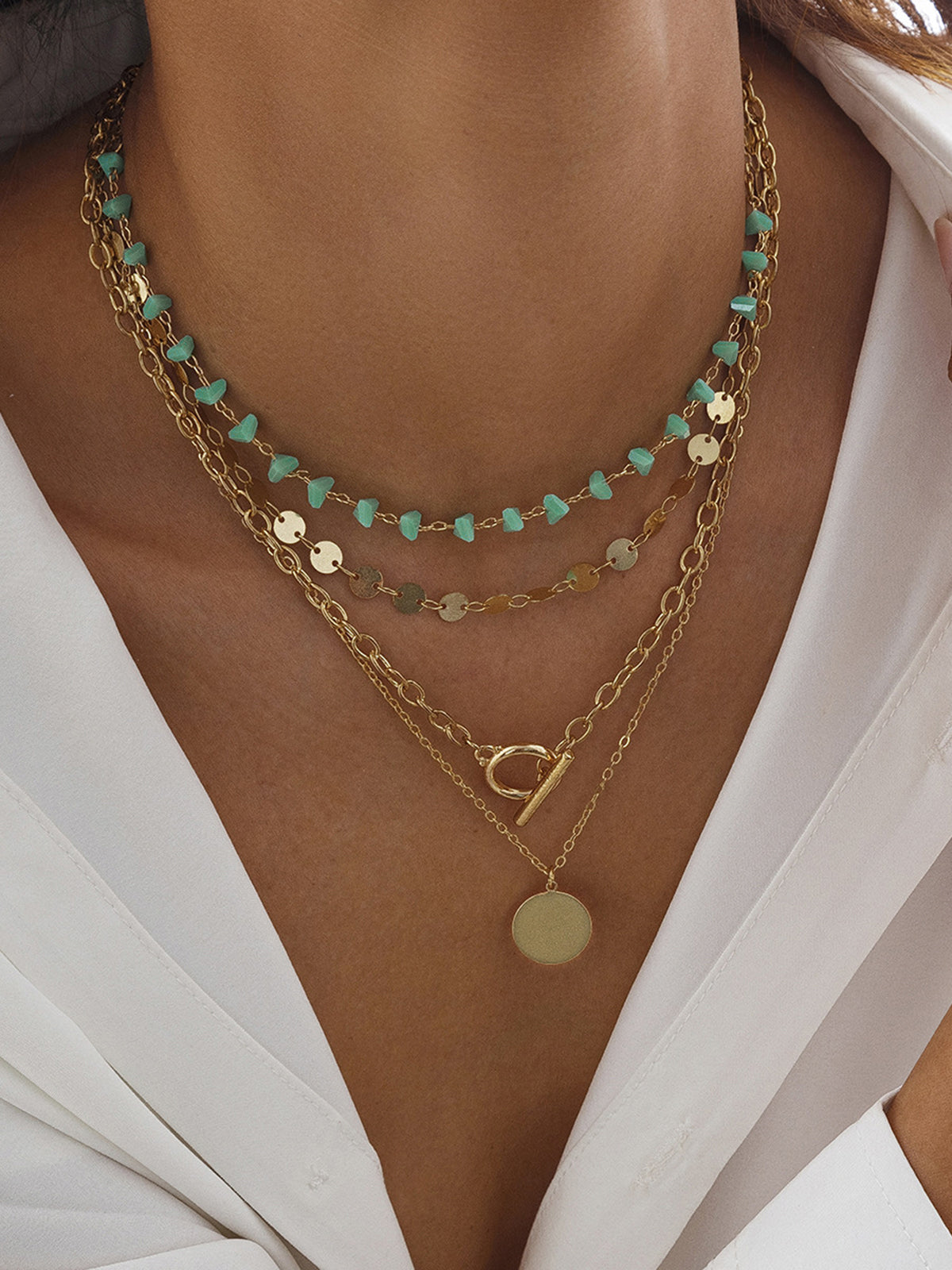Layered Gold-Chain Necklace with Turquoise Beads and Circular Pendant, Fashion Accessory for Women