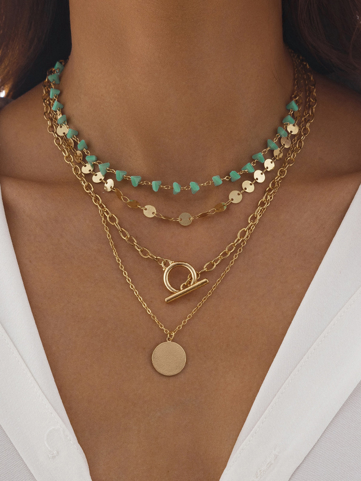 Layered Gold-Chain Necklace with Turquoise Beads and Circular Pendant, Fashion Accessory for Women