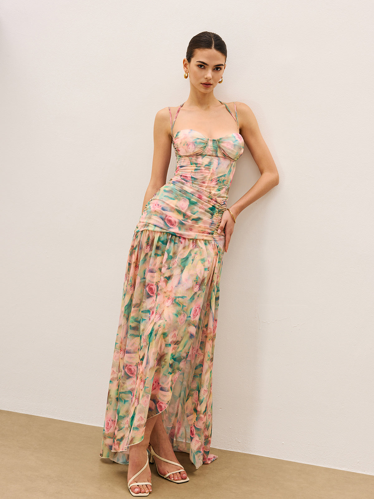 Floral Print Ruched Cami Dress With High Split, Elegant Summer Evening Wear