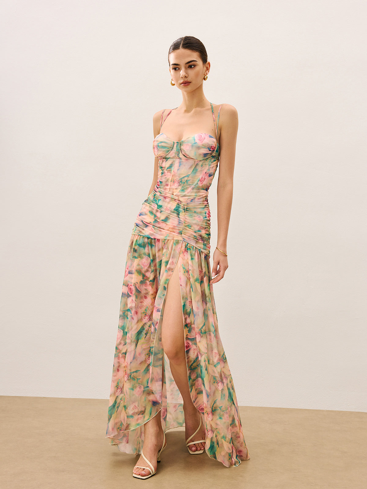Floral Print Ruched Cami Dress With High Split, Elegant Summer Evening Wear