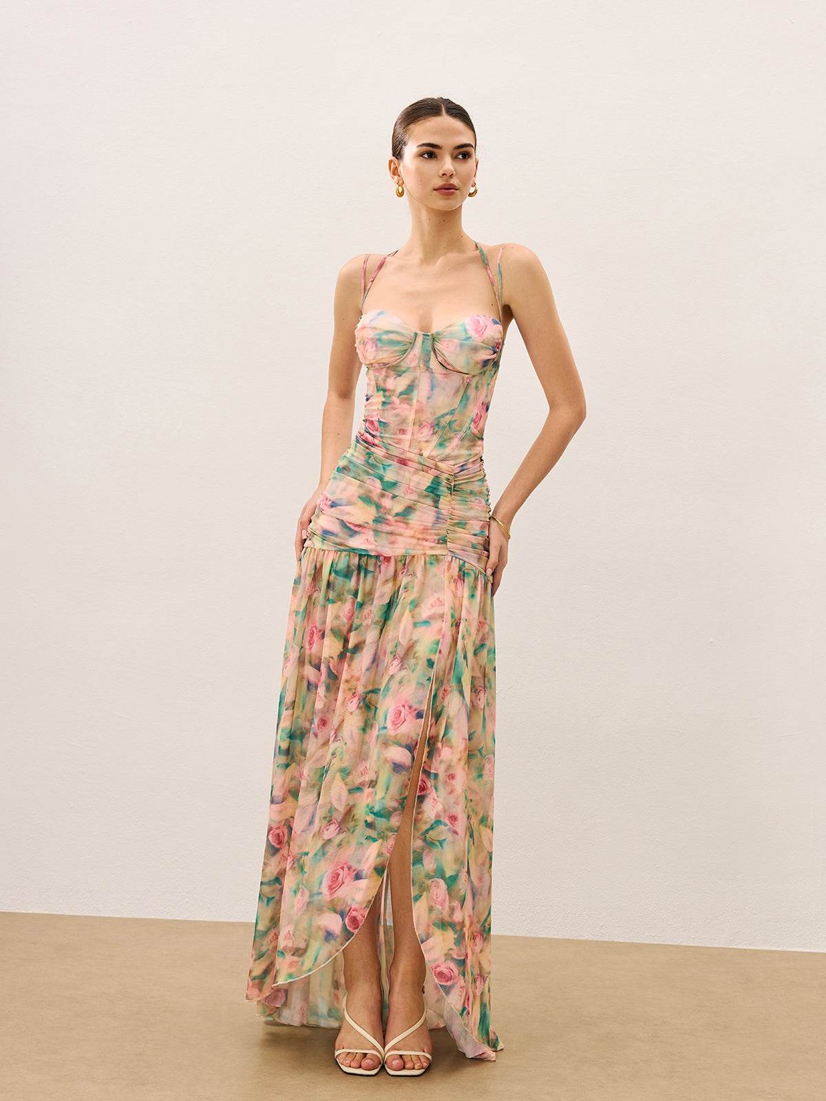 Floral Print Ruched Cami Dress With High Split, Elegant Summer Evening Wear