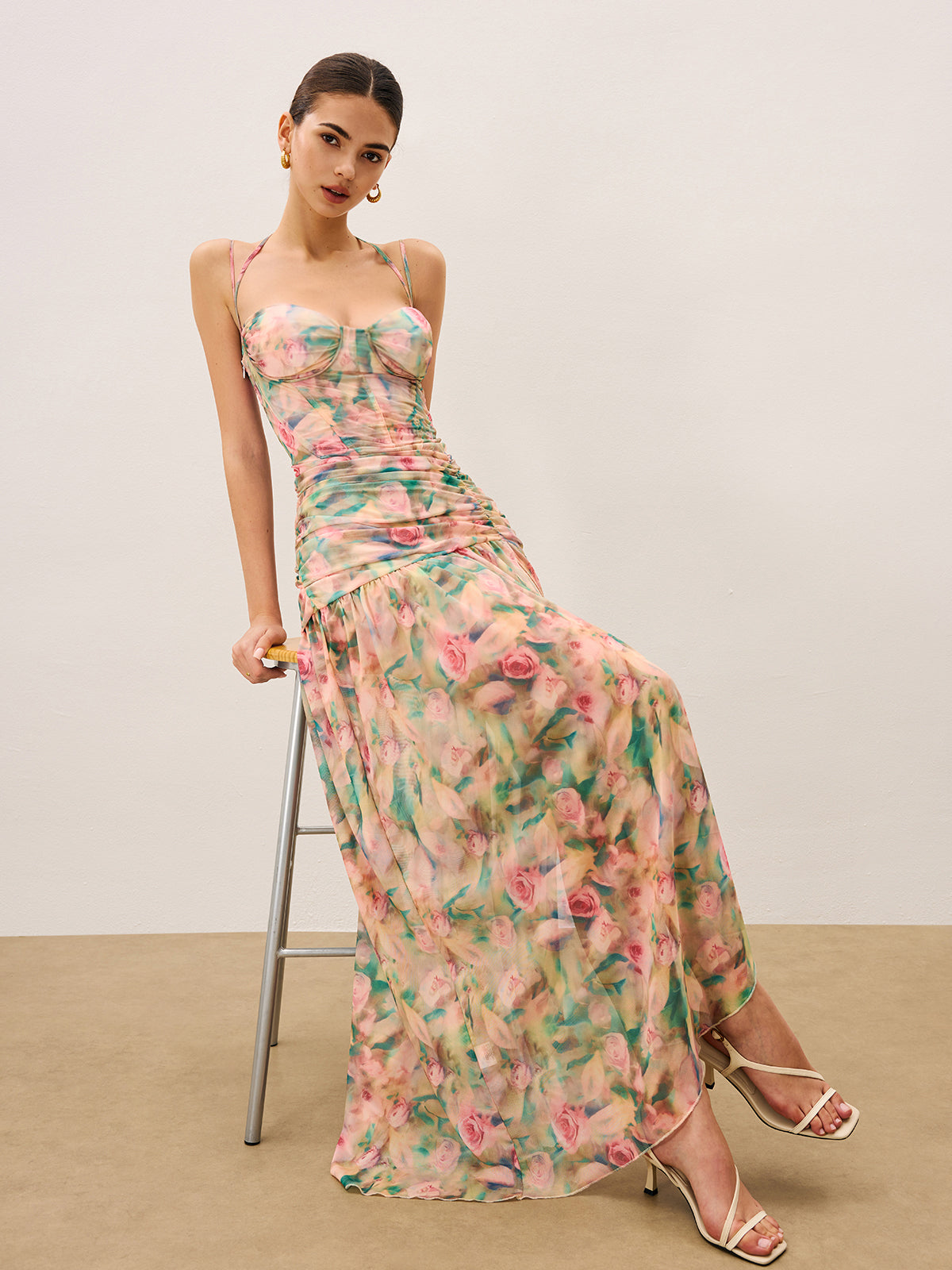 Floral Print Ruched Cami Dress With High Split, Elegant Summer Evening Wear