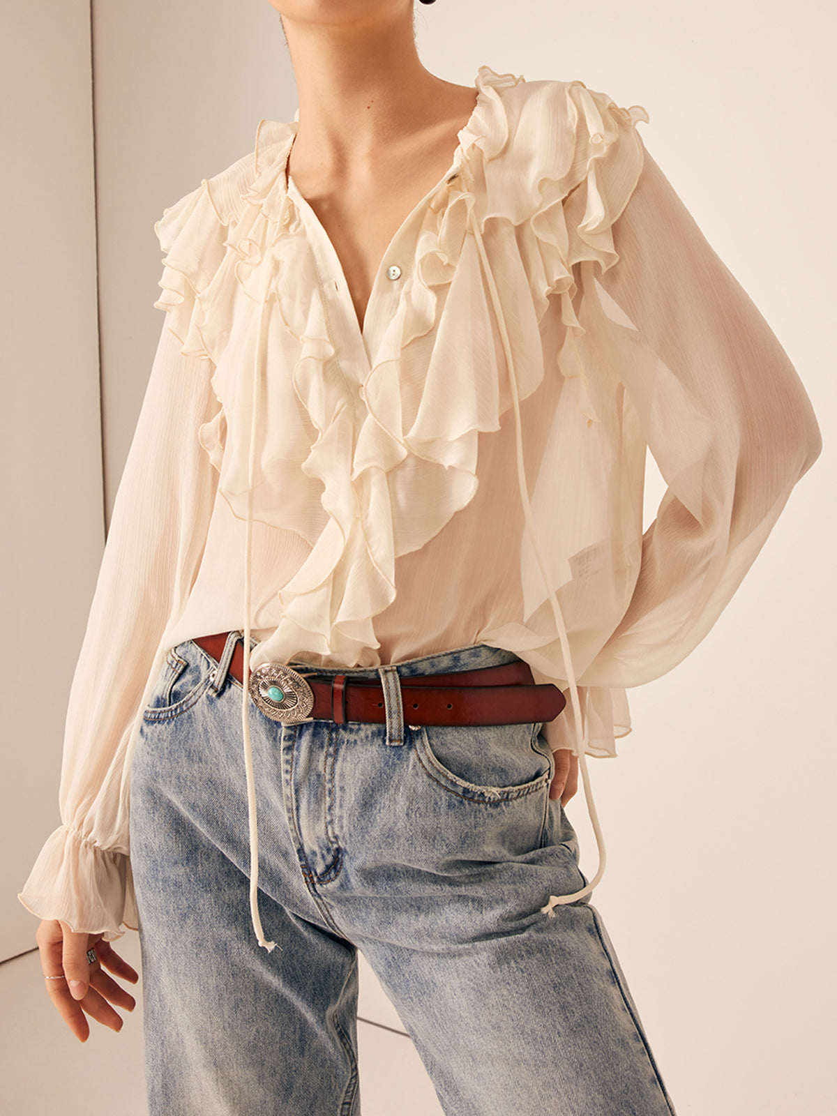 Semi-Sheer Ruffle Chiffon Breasted Blouse with Tie Neck Detail