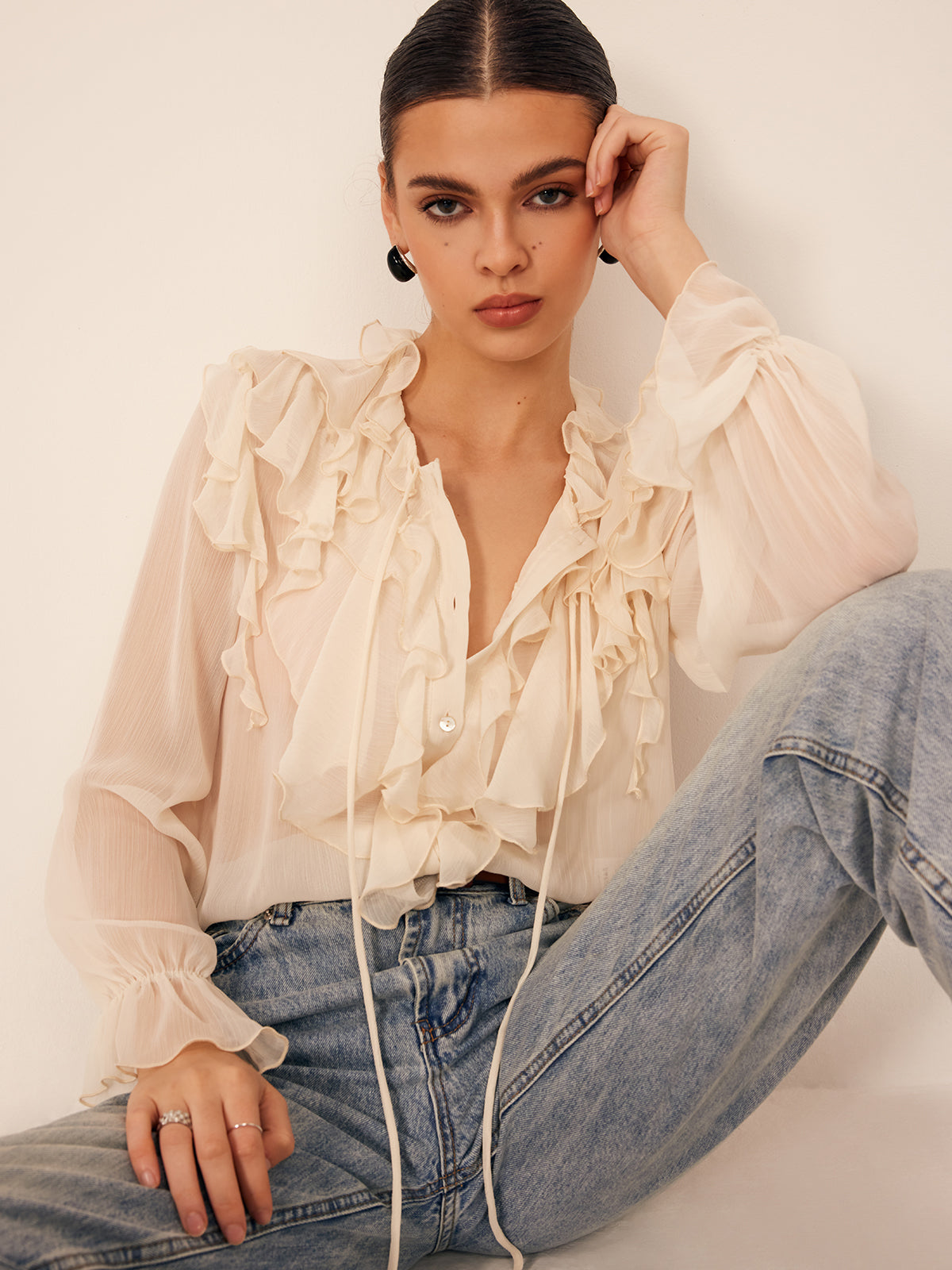 Semi-Sheer Ruffle Chiffon Breasted Blouse with Tie Neck Detail