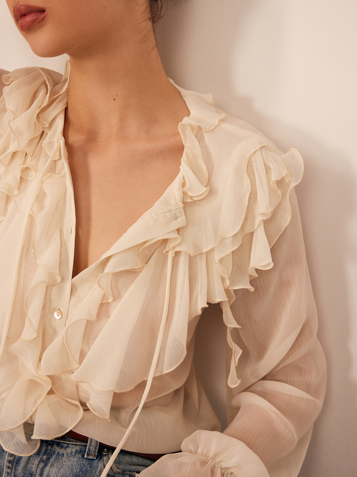 Semi-Sheer Ruffle Chiffon Breasted Blouse with Tie Neck Detail