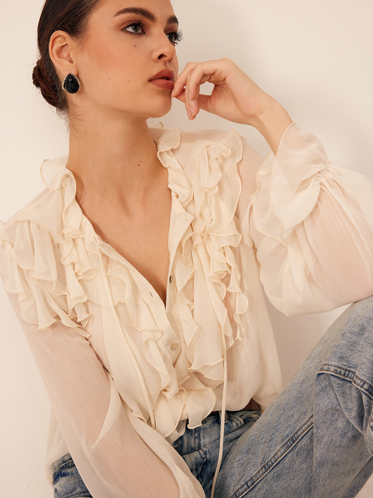 Semi-Sheer Ruffle Chiffon Breasted Blouse with Tie Neck Detail