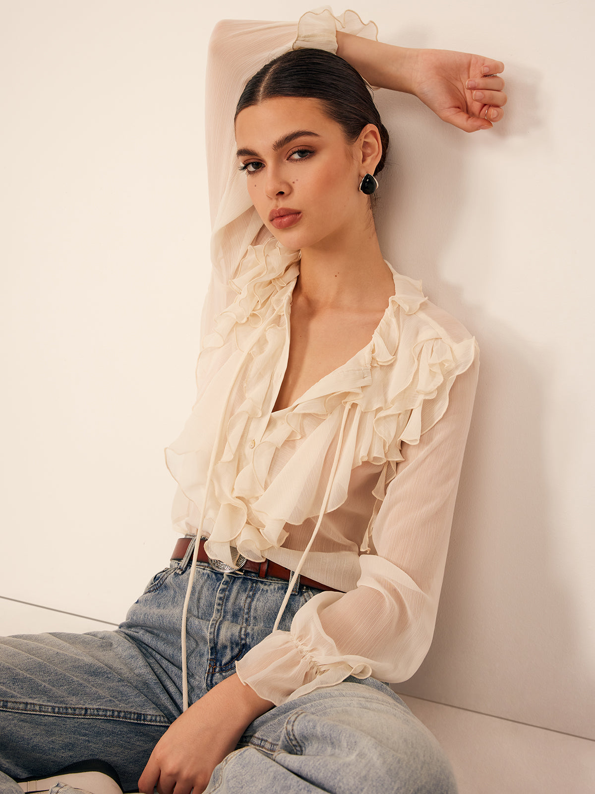 Semi-Sheer Ruffle Chiffon Breasted Blouse with Tie Neck Detail