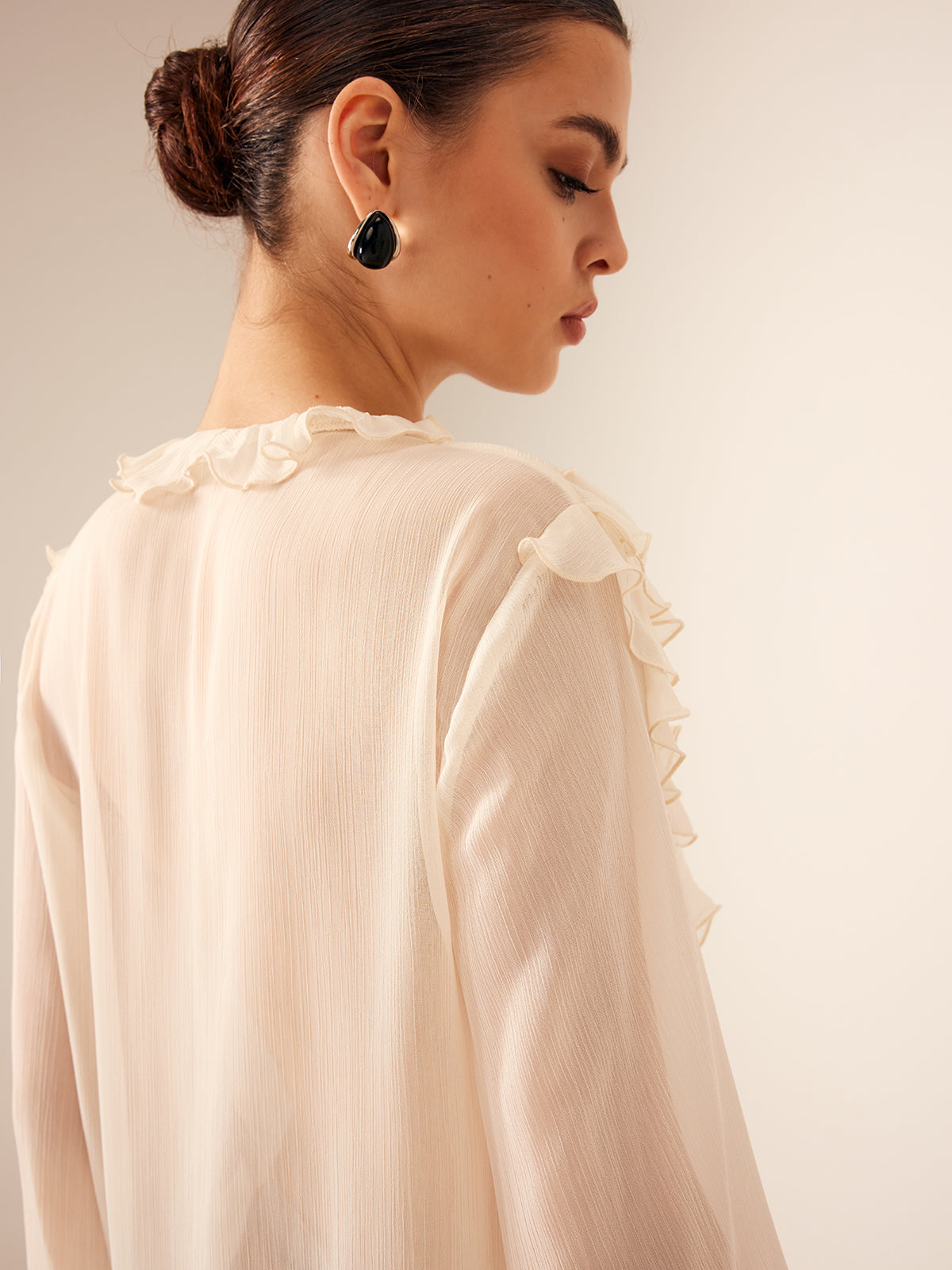 Semi-Sheer Ruffle Chiffon Breasted Blouse with Tie Neck Detail
