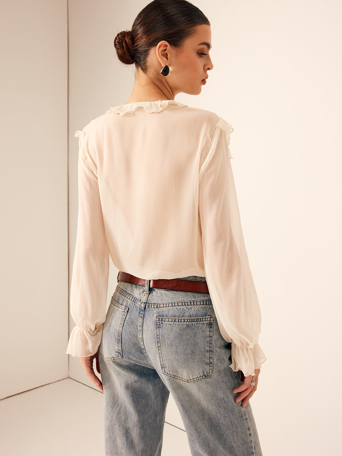 Semi-Sheer Ruffle Chiffon Breasted Blouse with Tie Neck Detail