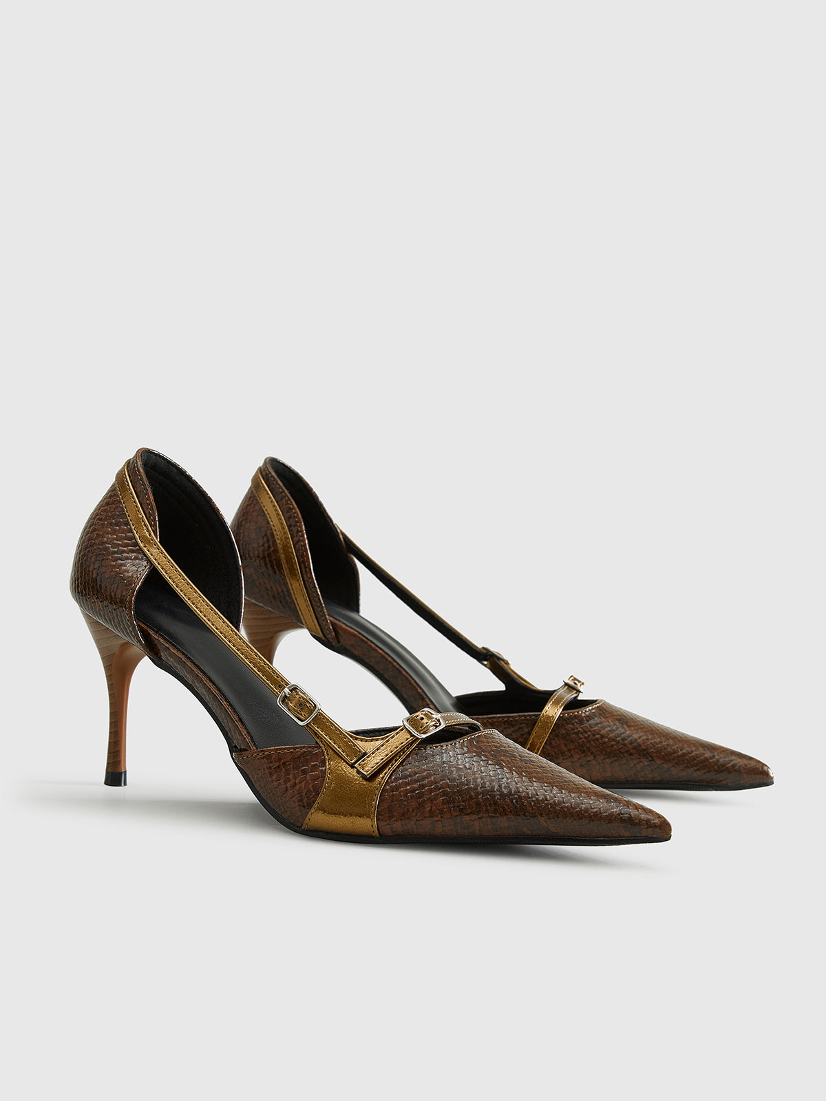 Snakeskin Printed Buckle Pumps High Heel Stiletto Fashion Shoes