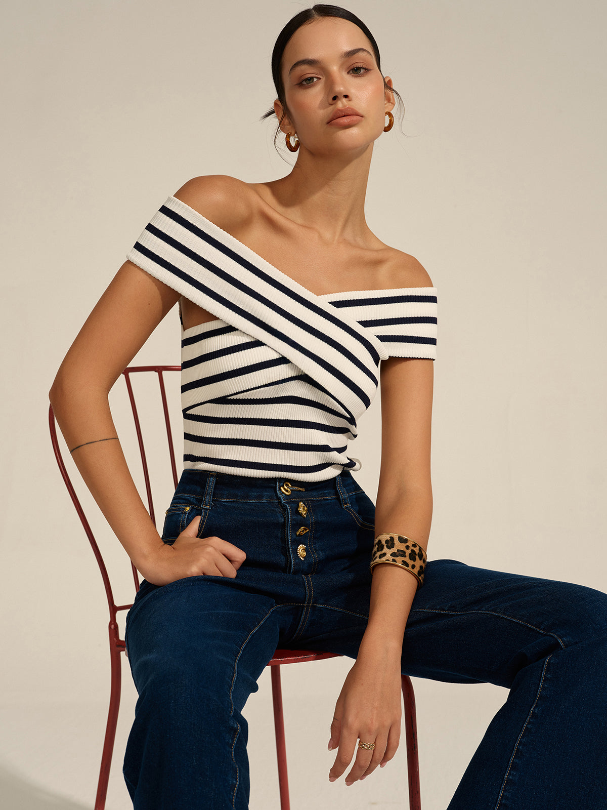 Striped Off-Shoulder Cross Knit Top for Women Casual Wear