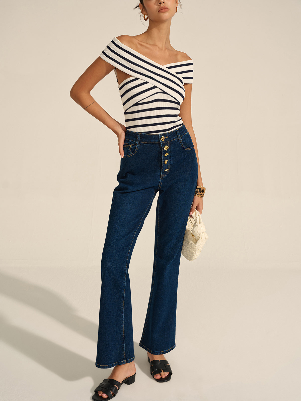 Striped Off-Shoulder Cross Knit Top for Women Casual Wear