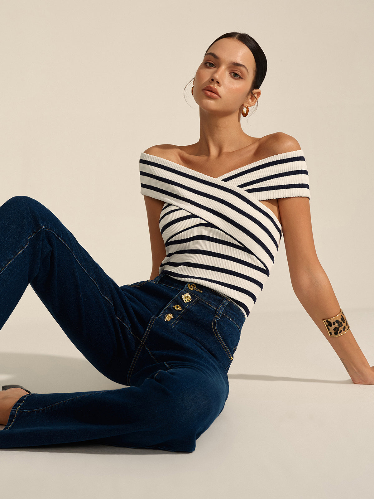 Striped Off-Shoulder Cross Knit Top for Women Casual Wear