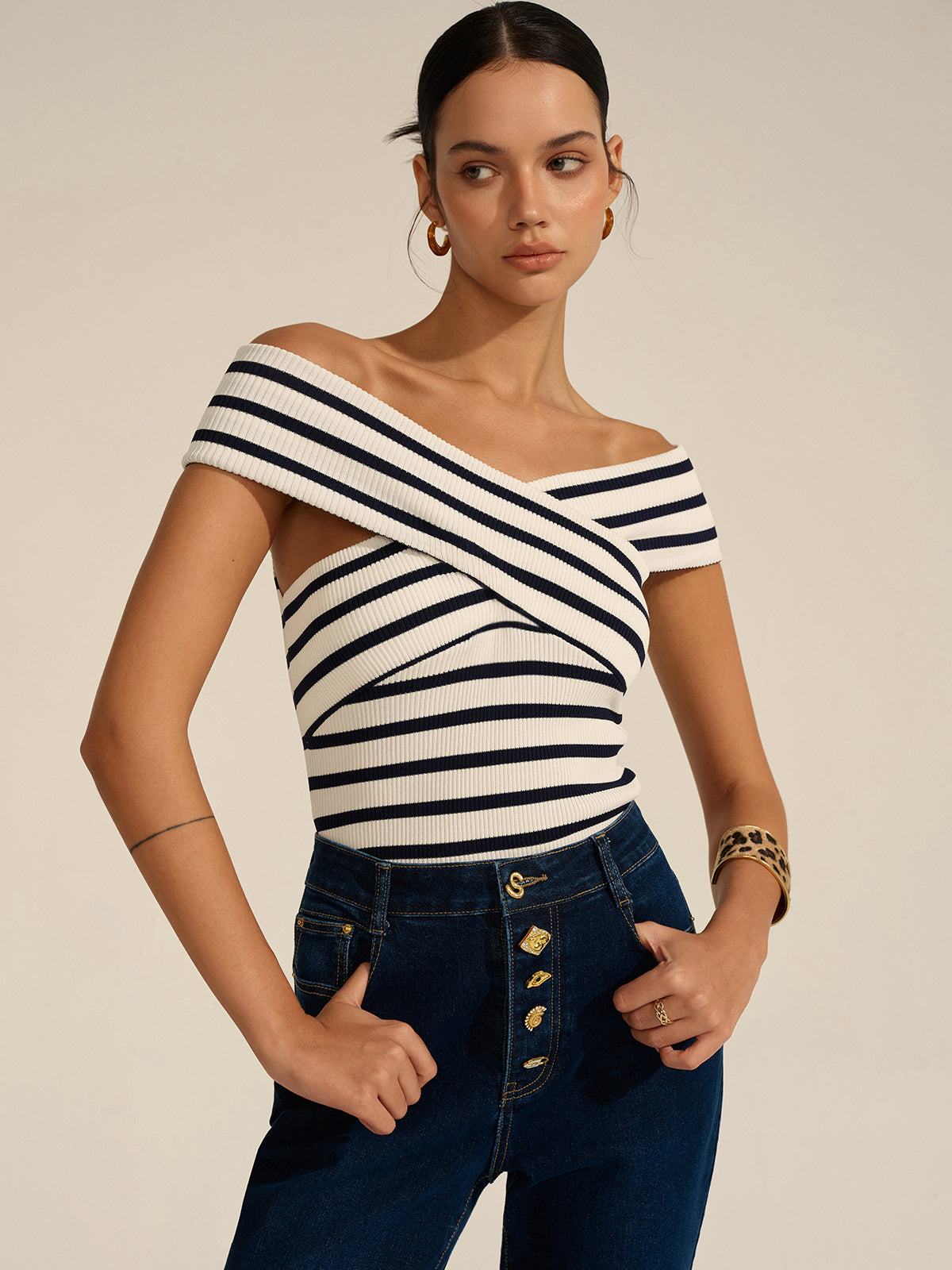 Striped Off-Shoulder Cross Knit Top for Women Casual Wear