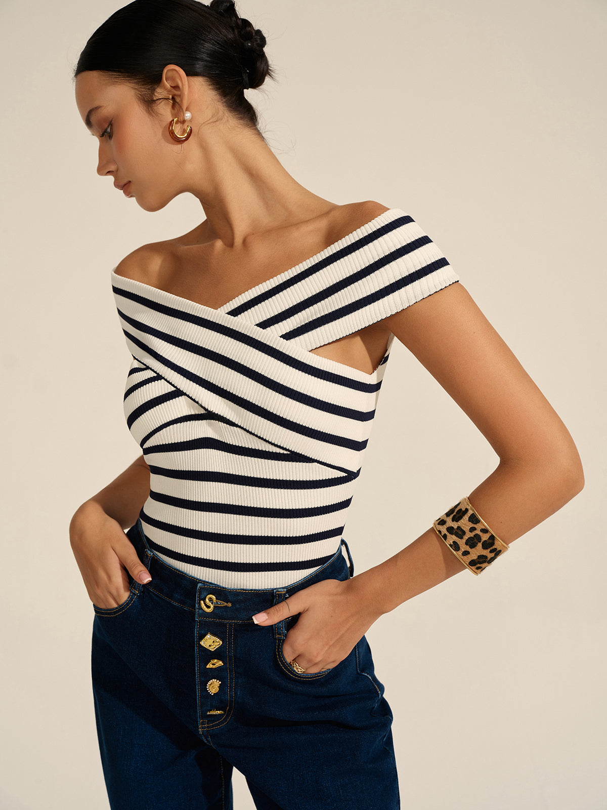 Striped Off-Shoulder Cross Knit Top for Women Casual Wear