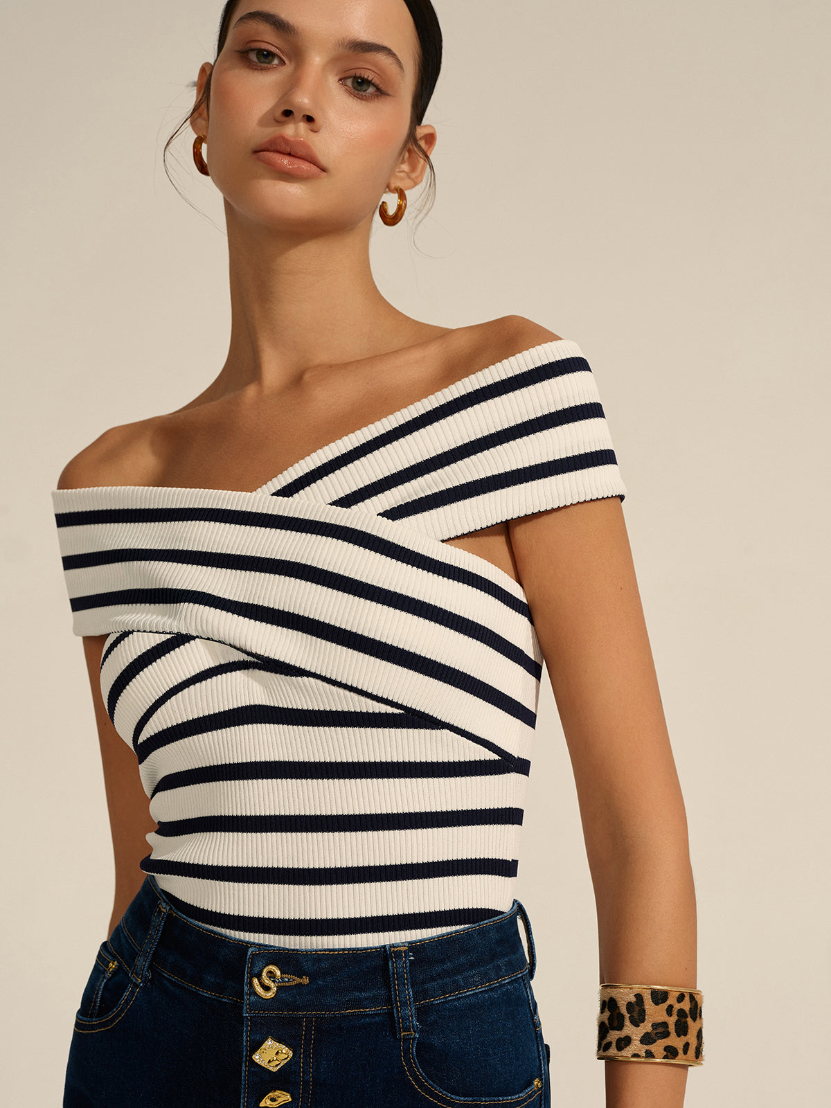 Striped Off-Shoulder Cross Knit Top for Women Casual Wear