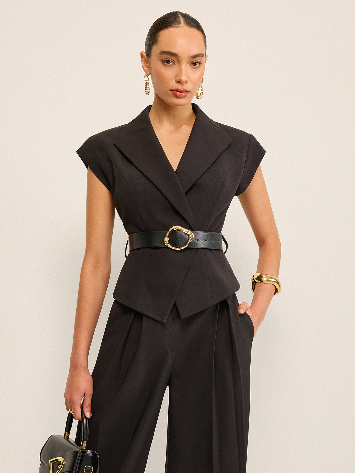 Belted Peplum Vest with Metal Buckle Detail, Trendy Adjustable Waist Design