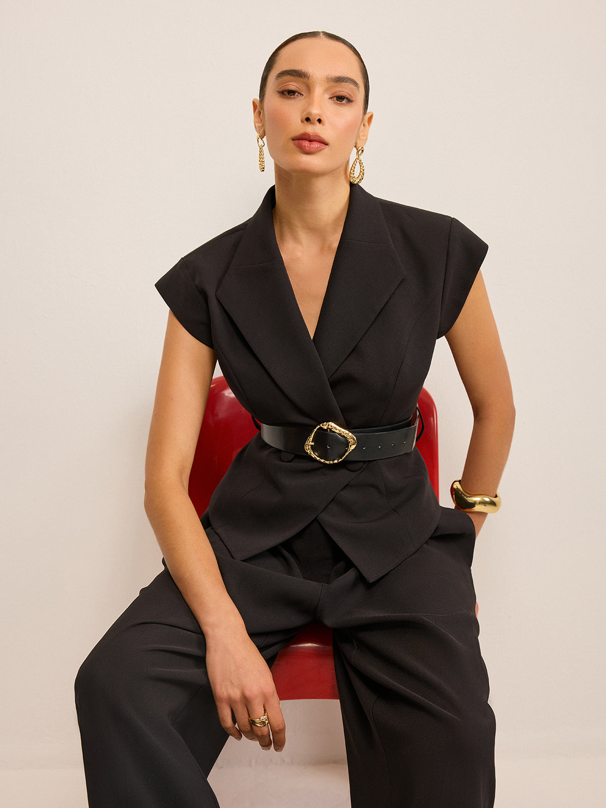 Belted Peplum Vest with Metal Buckle Detail, Trendy Adjustable Waist Design