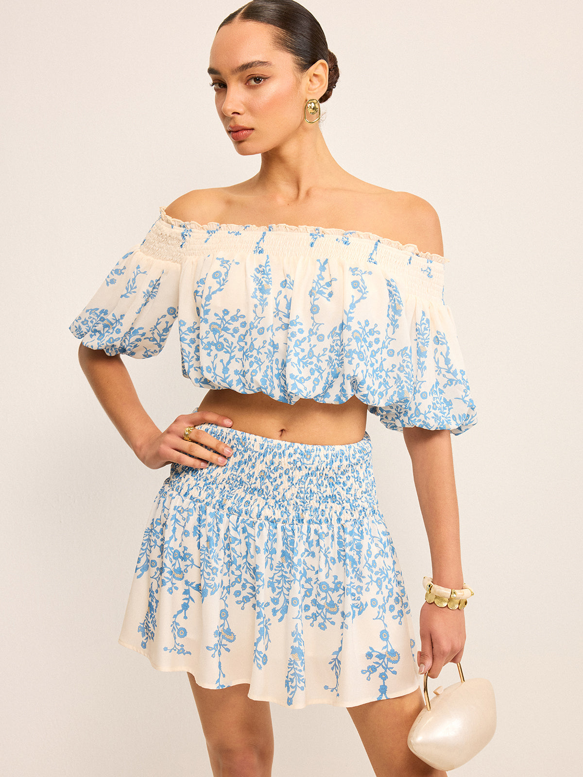 Floral Off-Shoulder Crop Top and Cinching Skirt Set for Women Summer