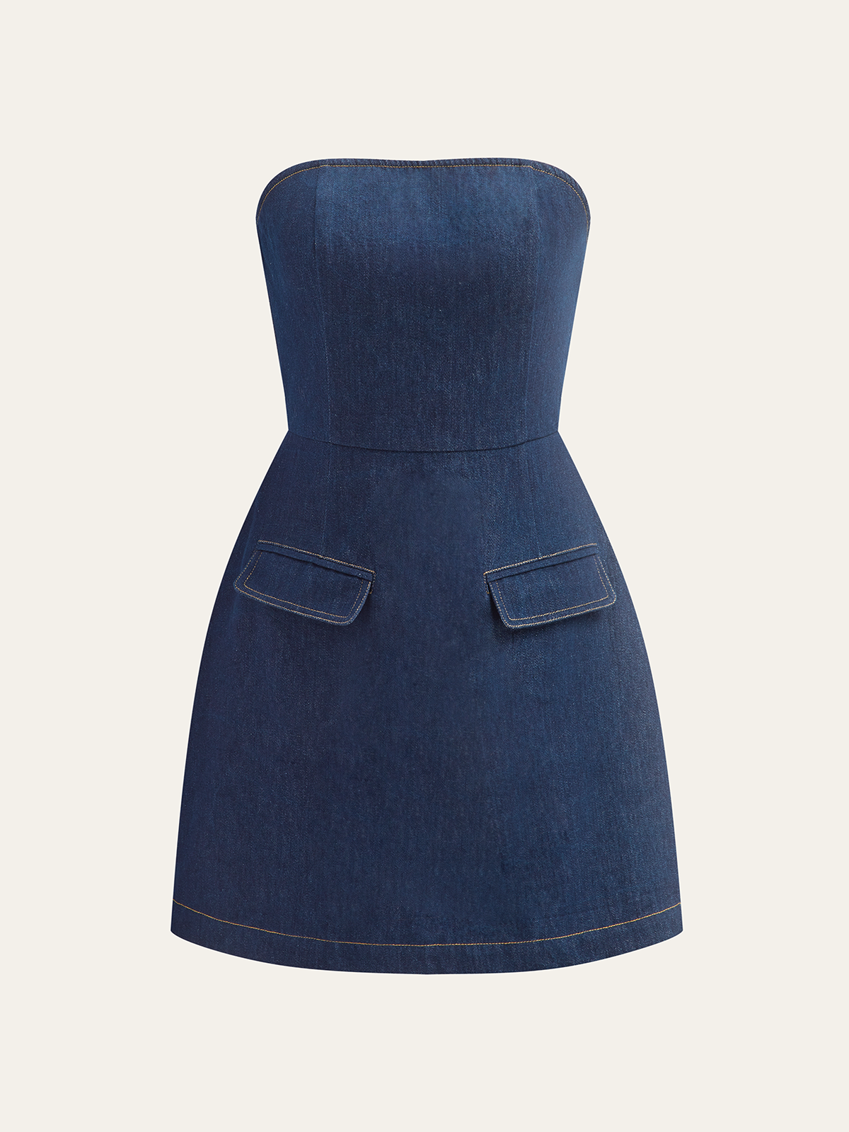 Strapless Denim Mini Dress with Decorative Pockets and Back Zip Closure