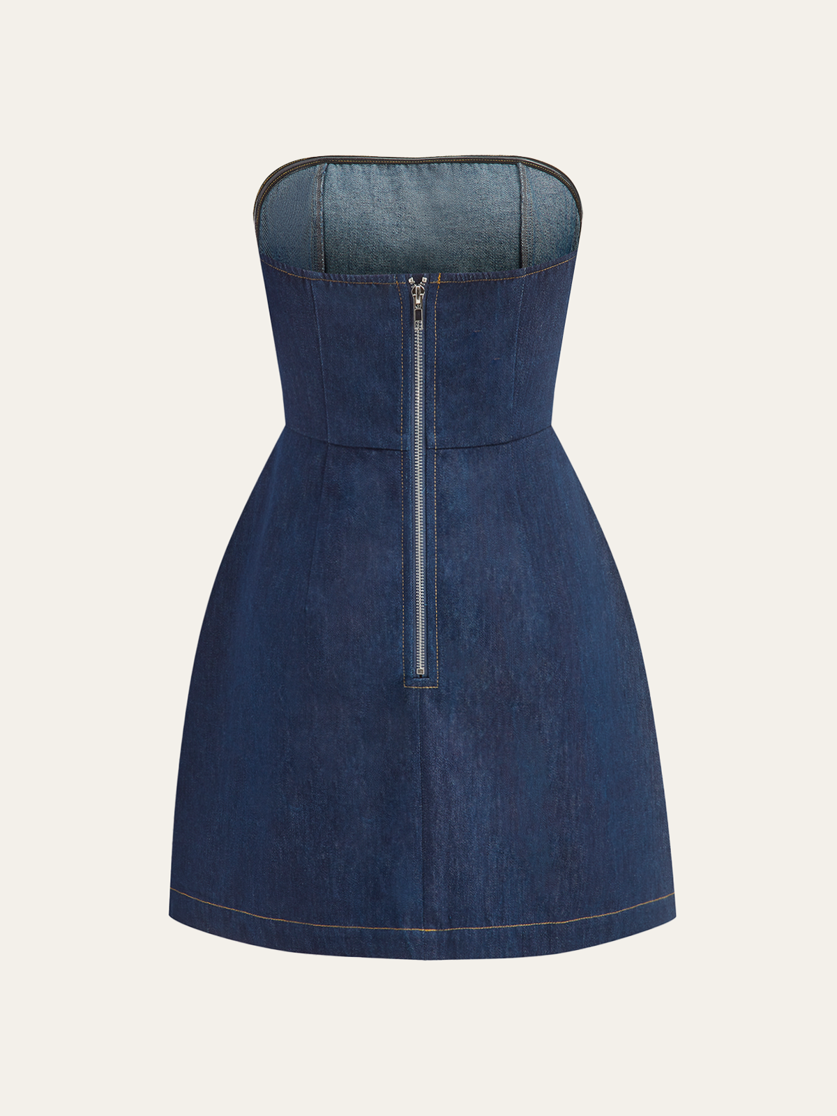 Strapless Denim Mini Dress with Decorative Pockets and Back Zip Closure