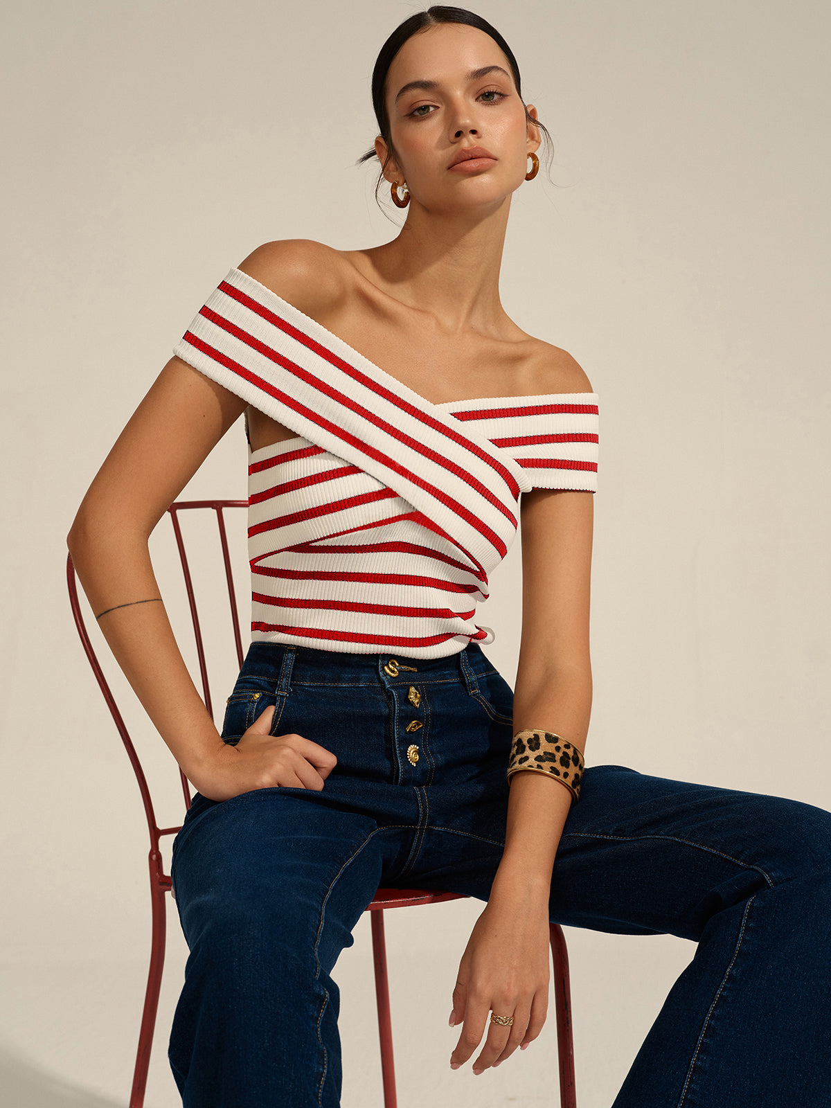 Striped Off-Shoulder Cross Knit Top for Women Casual Wear