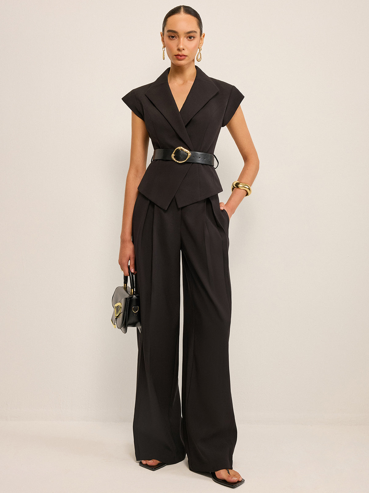 Belted Peplum Vest with Metal Buckle Detail, Trendy Adjustable Waist Design